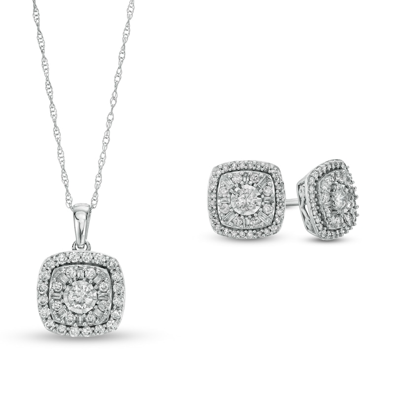Main Image 1 of 1 CT. T.W. Composite Cushion-Shaped Diamond Frame Pendant and Stud Earrings Set in 10K White Gold