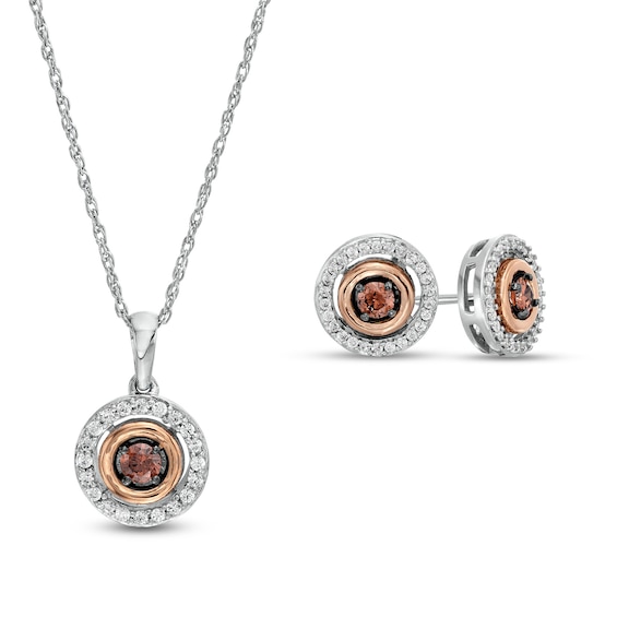 1/2 CT. T.w. Champagne Diamond Frame Pendant and Stud Earrings Set in Sterling Silver and 10K Rose Gold