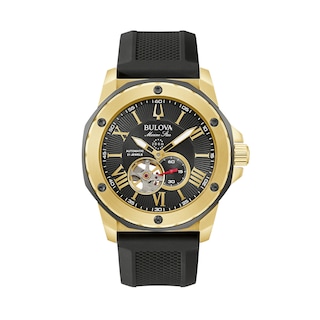 Men's Bulova Marine Star Gold-Tone Automatic Strap Watch with Black Skeleton Dial (Model: 98A272)