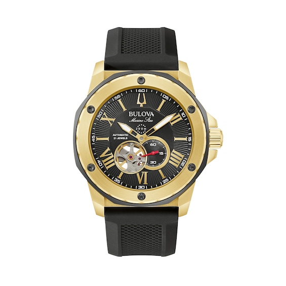 Men's Bulova Marine Star Gold-Tone Automatic Strap Watch with Black Skeleton Dial (Model: 98A272)