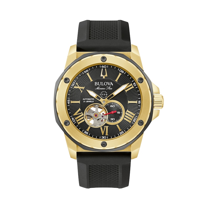 Men's Bulova Marine Star Gold-Tone Automatic Strap Watch with Black Skeleton Dial (Model: 98A272)