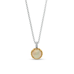 7.0mm Opal Solitaire Rope-Textured Frame and Drop Pendant in Sterling Silver and 10K Gold