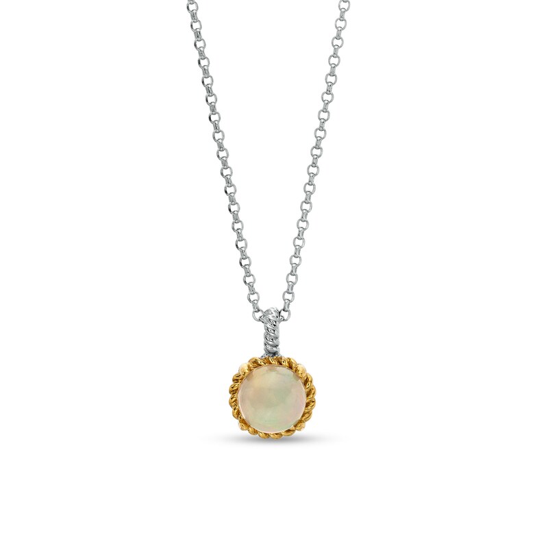 Main Image 1 of 7.0mm Opal Solitaire Rope-Textured Frame and Drop Pendant in Sterling Silver and 10K Gold