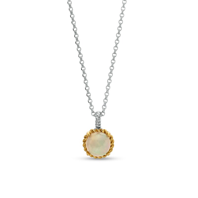 7.0mm Opal Solitaire Rope-Textured Frame and Drop Pendant in Sterling Silver and 10K Gold