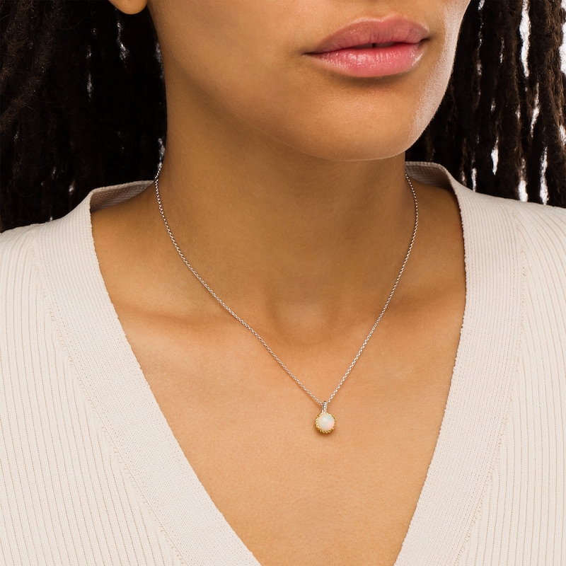 Main Image 2 of 7.0mm Opal Solitaire Rope-Textured Frame and Drop Pendant in Sterling Silver and 10K Gold