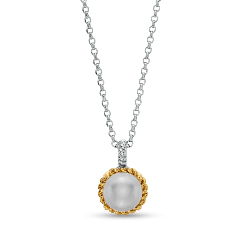 7.0-7.5mm Button Cultured Freshwater Pearl Rope-Textured Frame and Drop Pendant in Sterling Silver and 10K Gold