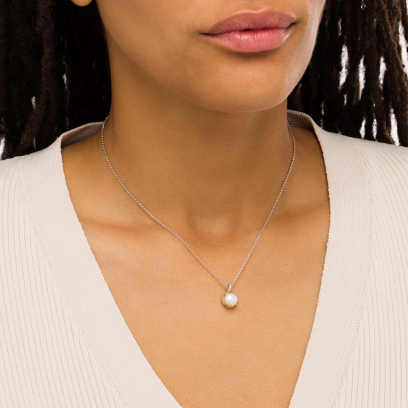 7.0-7.5mm Button Cultured Freshwater Pearl Rope-Textured Frame and Drop Pendant in Sterling Silver and 10K Gold