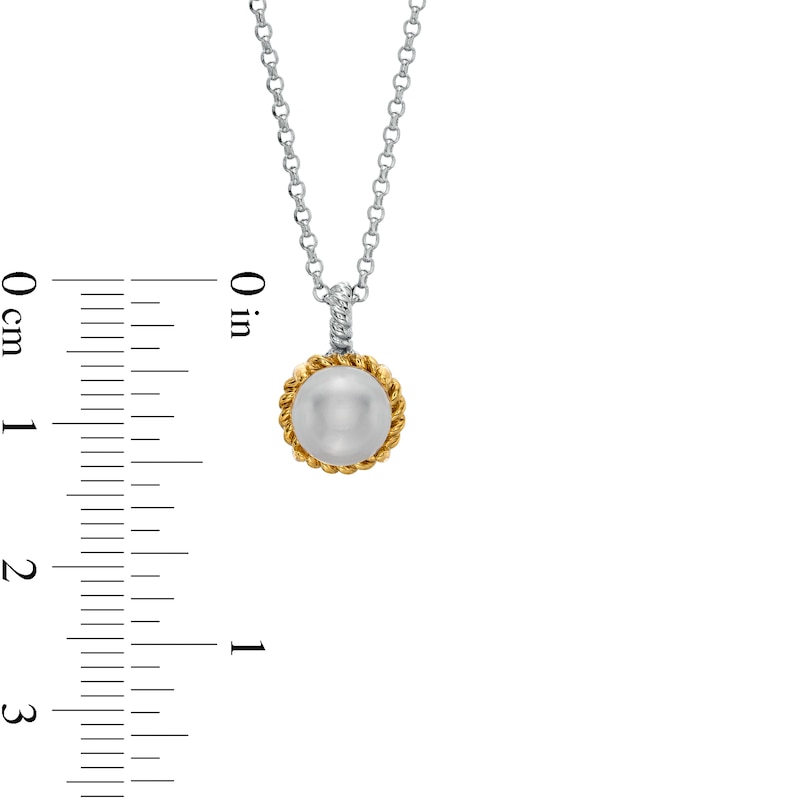 7.0-7.5mm Button Cultured Freshwater Pearl Rope-Textured Frame and Drop Pendant in Sterling Silver and 10K Gold