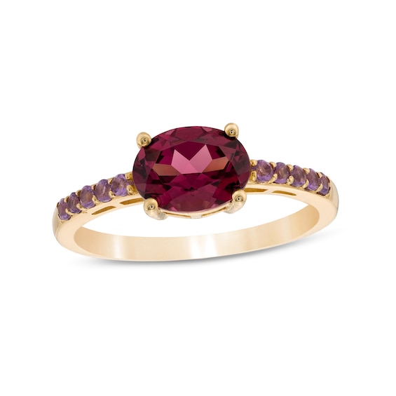 Sideways Oval Rhodolite Garnet and Amethyst Ring in 10K Gold