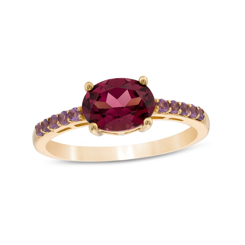 Main Image 1 of Sideways Oval Rhodolite Garnet and Amethyst Ring in 10K Gold