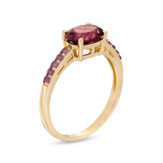 Sideways Oval Rhodolite Garnet and Amethyst Ring in 10K Gold