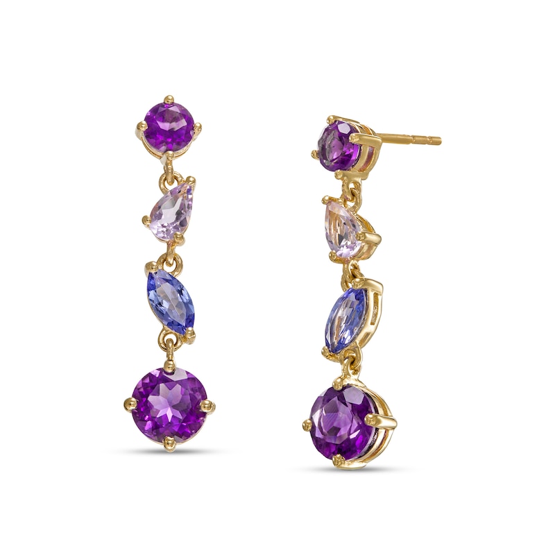 Main Image 1 of Multi-Shaped Amethyst, Pink Quartz and Tanzanite Linear Scatter Drop Earrings in 10K Gold