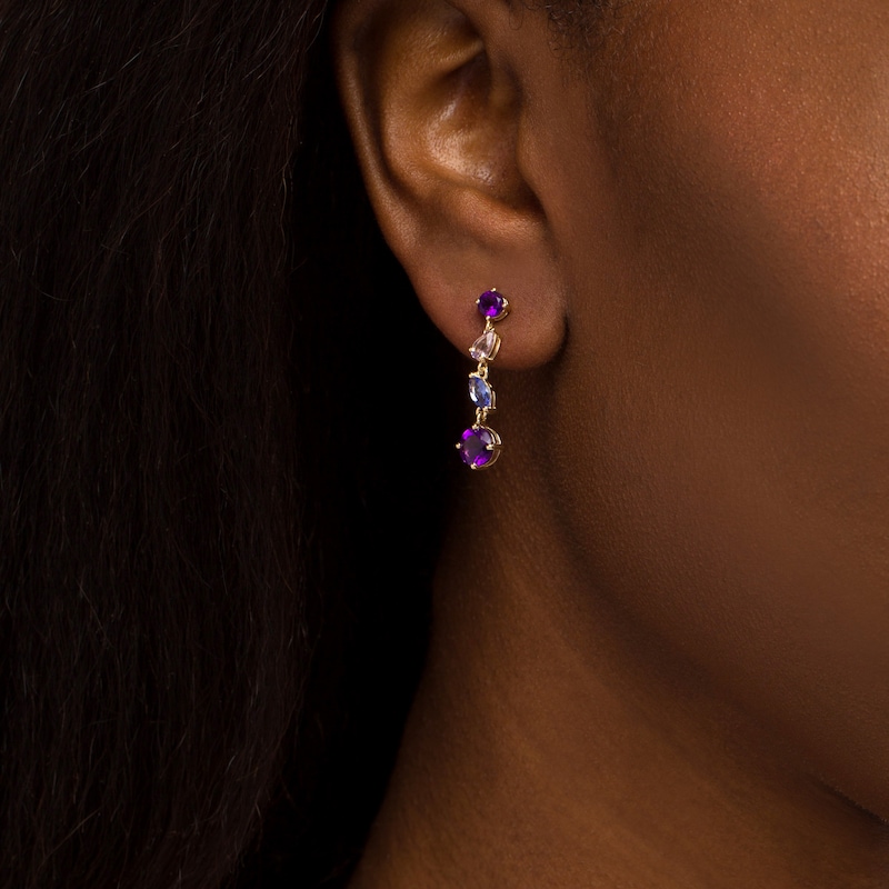 Main Image 2 of Multi-Shaped Amethyst, Pink Quartz and Tanzanite Linear Scatter Drop Earrings in 10K Gold