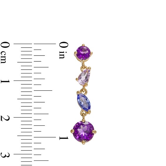 Multi-Shaped Amethyst, Pink Quartz and Tanzanite Linear Scatter Drop Earrings in 10K Gold