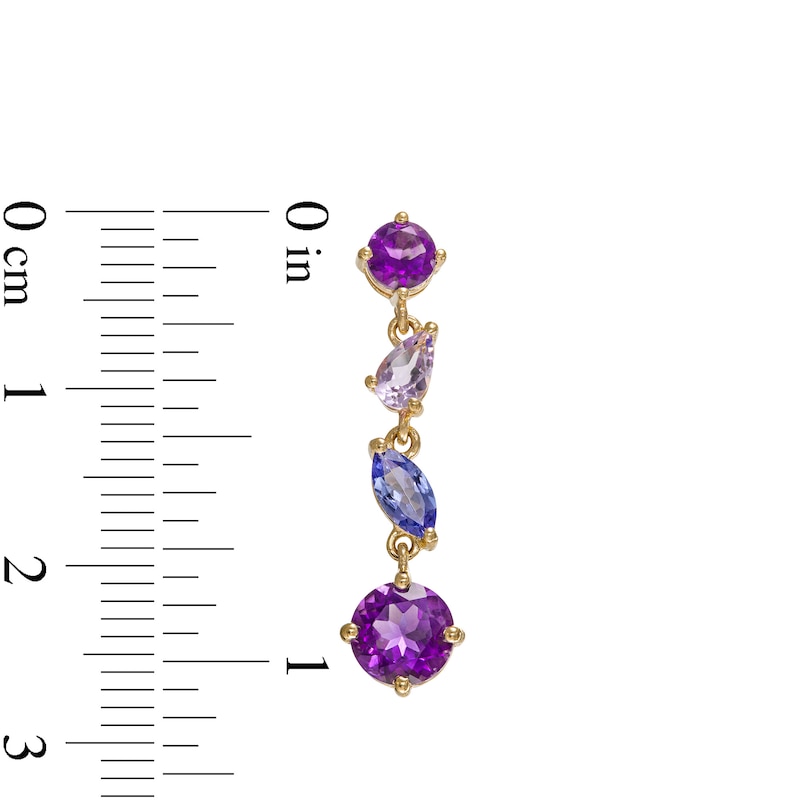Main Image 3 of Multi-Shaped Amethyst, Pink Quartz and Tanzanite Linear Scatter Drop Earrings in 10K Gold