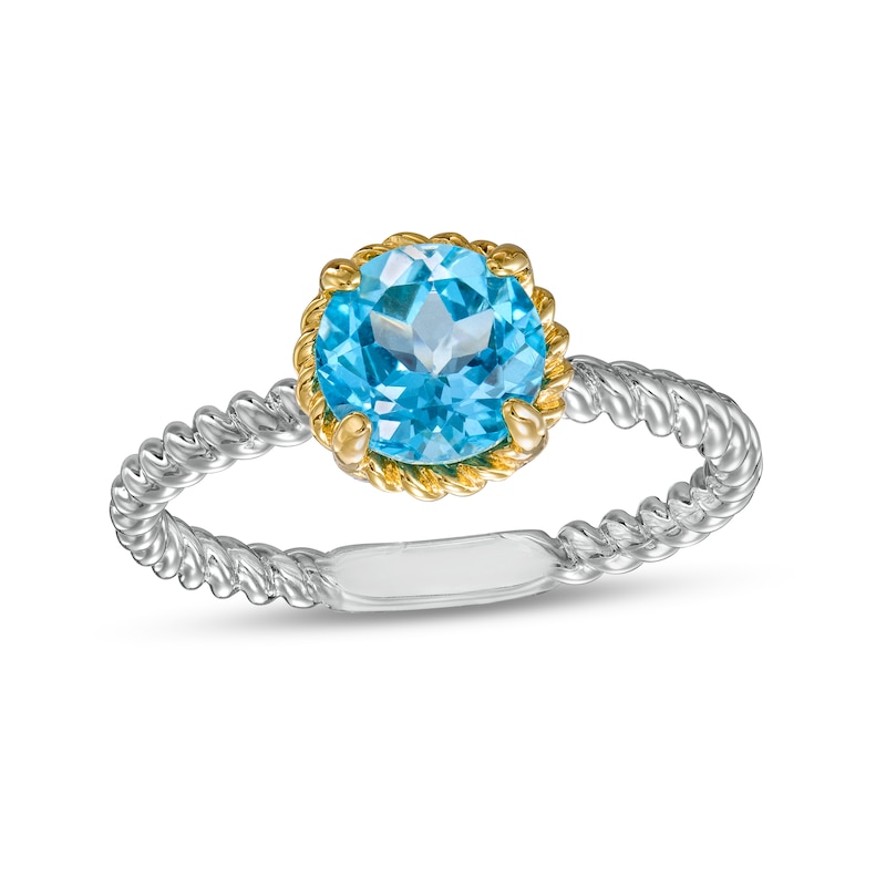 Main Image 1 of 7.0mm Swiss Blue Topaz Solitaire Rope-Textured Frame and Shank Ring in Sterling Silver and 10K Gold