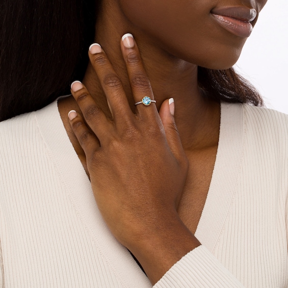 7.0mm Swiss Blue Topaz Solitaire Rope-Textured Frame and Shank Ring in Sterling Silver and 10K Gold