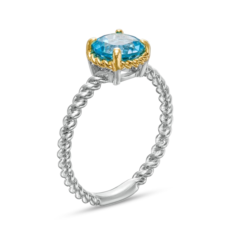 Main Image 3 of 7.0mm Swiss Blue Topaz Solitaire Rope-Textured Frame and Shank Ring in Sterling Silver and 10K Gold