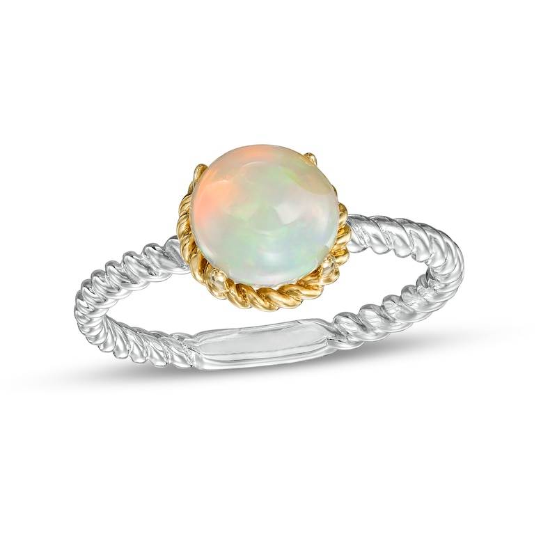 Main Image 1 of 7.0mm Opal Solitaire Rope-Textured Frame and Shank Ring in Sterling Silver and 10K Gold