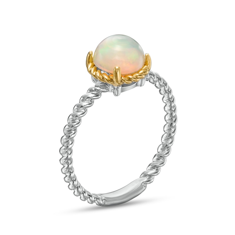 Main Image 3 of 7.0mm Opal Solitaire Rope-Textured Frame and Shank Ring in Sterling Silver and 10K Gold