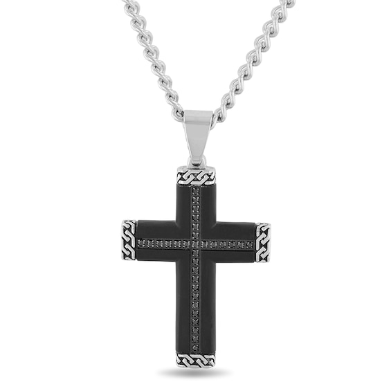 Men's 1/4 CT. T.w. Black Enhanced Diamond Chain Link-Ends Cross Pendant in Stainless Steel and Black IP - 24"