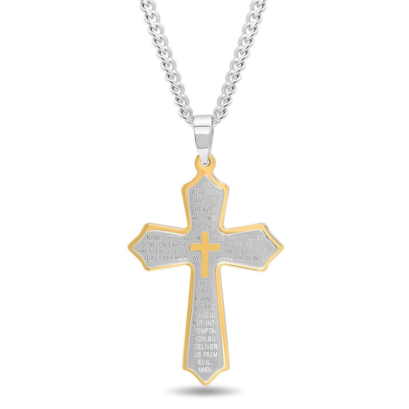 Men's Multi-Finish Point-Ends Lord's Prayer Layered Cross Pendant in Stainless Steel and Yellow IP - 24"