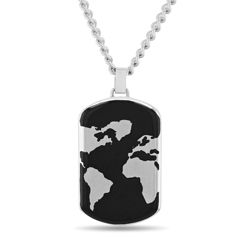 Men's Multi-Finish World Map Dog Tag Pendant in Stainless Steel and Black IP with Black Resin - 24"