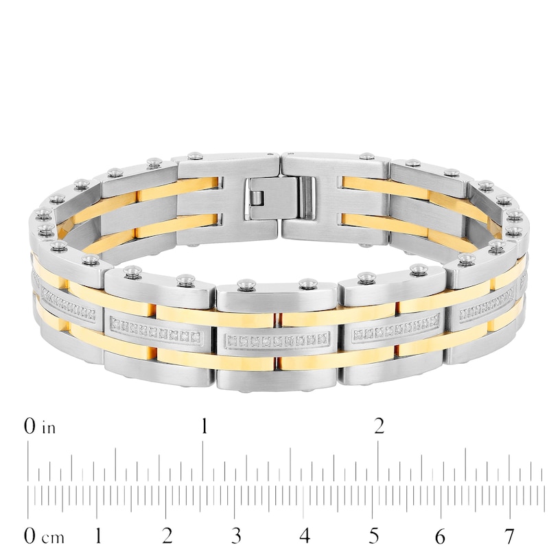 Main Image 3 of Men's 1/2 CT. T.W. Diamond Alternating Multi-Row Link Bracelet in Stainless Steel and Yellow IP - 8.5"