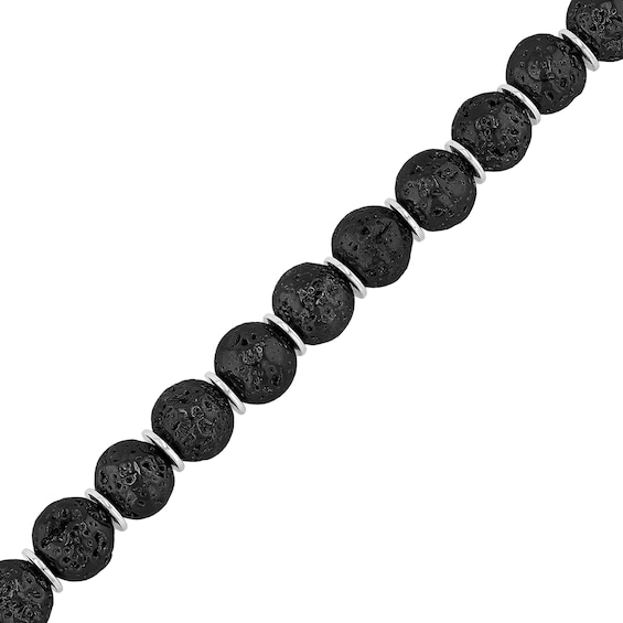 10.0mm Black Lava and Disc Bead with Skull and Crossbones Bracelet in Stainless Steel and Gunmetal Grey IP - 8.5"