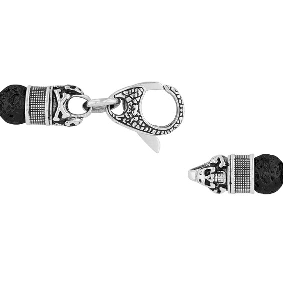 10.0mm Black Lava and Disc Bead with Skull and Crossbones Bracelet in Stainless Steel and Gunmetal Grey IP - 8.5"