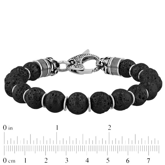 10.0mm Black Lava and Disc Bead with Skull and Crossbones Bracelet in Stainless Steel and Gunmetal Grey IP - 8.5"