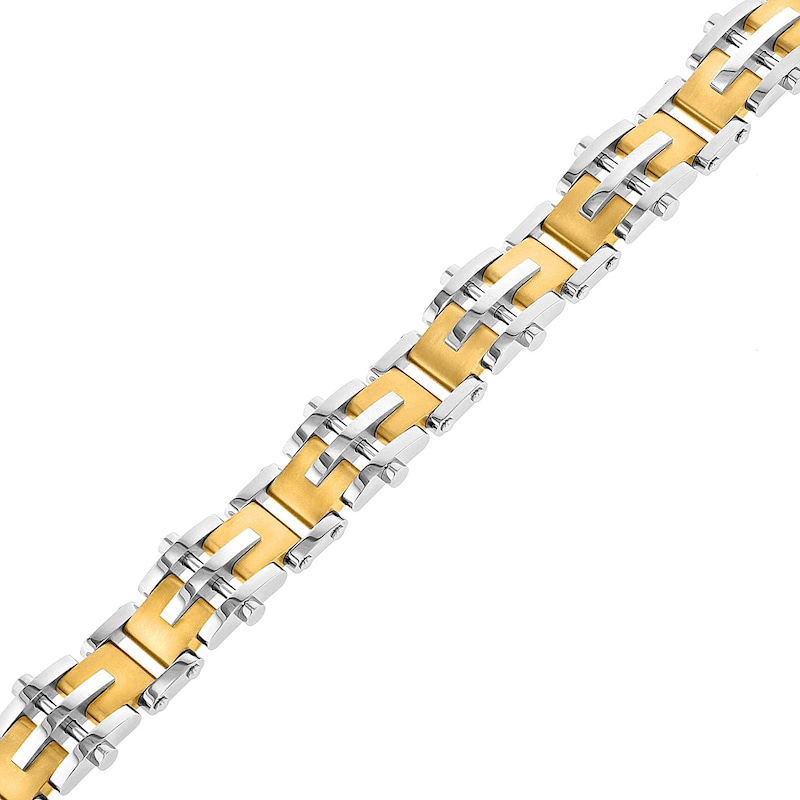 Main Image 1 of 15.0mm Multi-Finish Riveted Mirrored Link Bracelet in Stainless Steel and Yellow IP - 8.5"