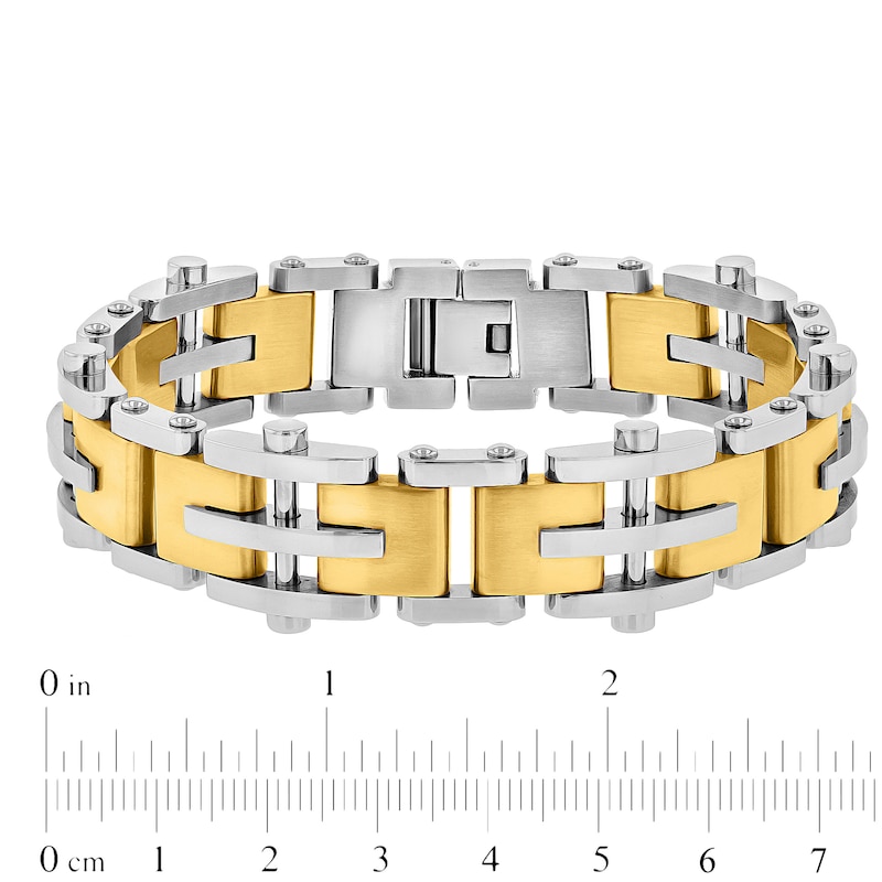 Main Image 3 of 15.0mm Multi-Finish Riveted Mirrored Link Bracelet in Stainless Steel and Yellow IP - 8.5"