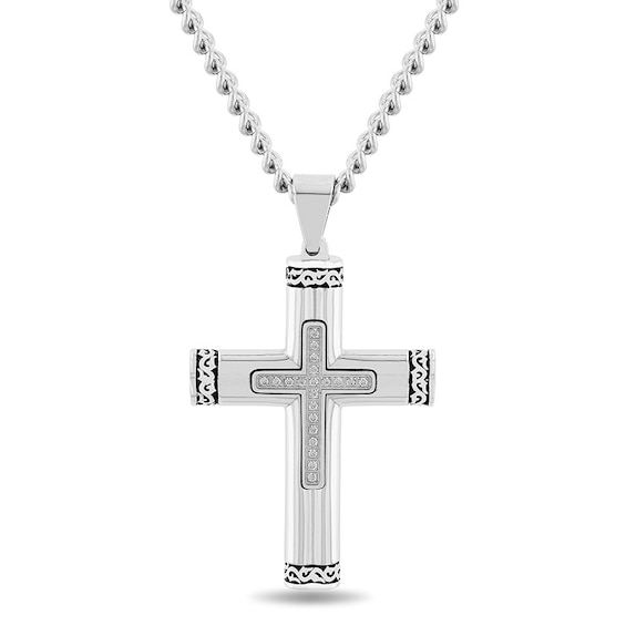 Men's 1/10 CT. T.w. Diamond Multi-Finish Crown of Thorns-Ends Cross Pendant in Stainless Steel and Black IP - 24"