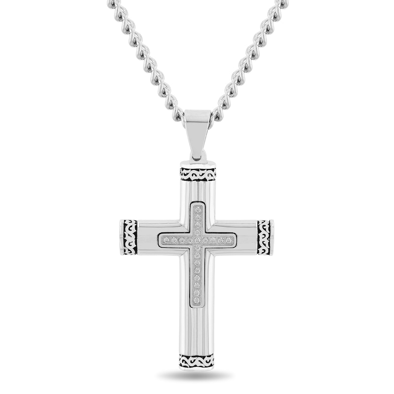 Men's 1/10 CT. T.W. Diamond Multi-Finish Crown of Thorns-Ends Cross Pendant in Stainless Steel and Black IP - 24"