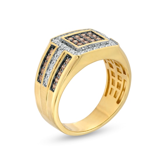 1 CT. T.w. Champagne and White Rectangular Composite Diamond Frame Triple Row Ring in 10K Gold