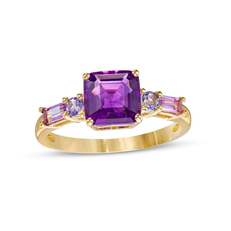 Main Image 1 of Multi-Shaped Amethyst, Pink Quartz and Tanzanite Side Accents Ring in 10K Gold