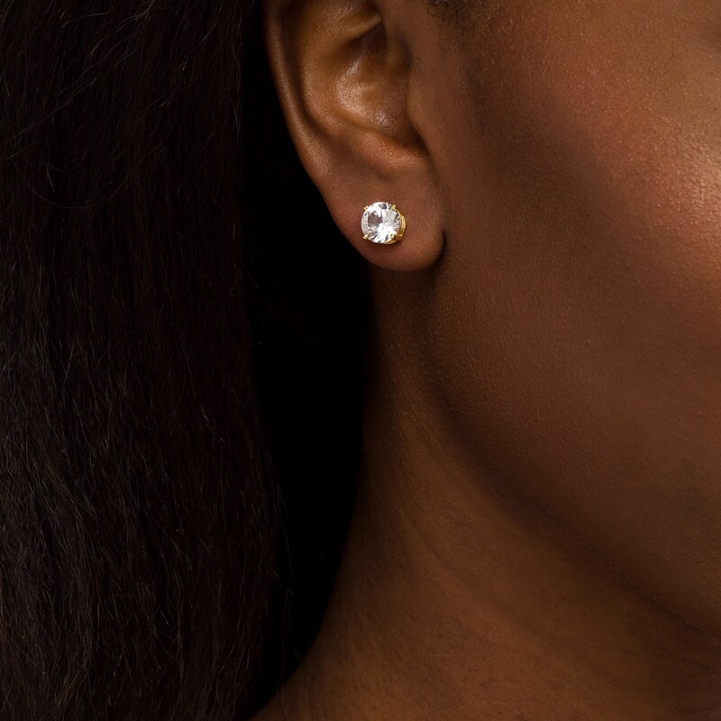 Main Image 2 of 8.0mm White Lab-Created Sapphire Solitaire Stud Earrings in 18K Gold Over Silver