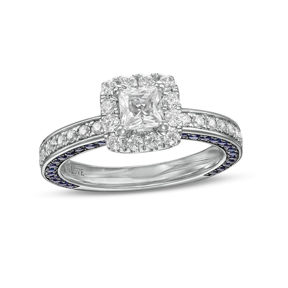 Vera Wang Love Collection Sapphire and 1 CT. T.w. Princess-Cut Diamond Frame Engagement Ring 14K White Gold