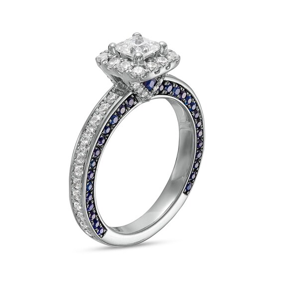 Vera Wang Love Collection Sapphire and 1 CT. T.w. Princess-Cut Diamond Frame Engagement Ring 14K White Gold