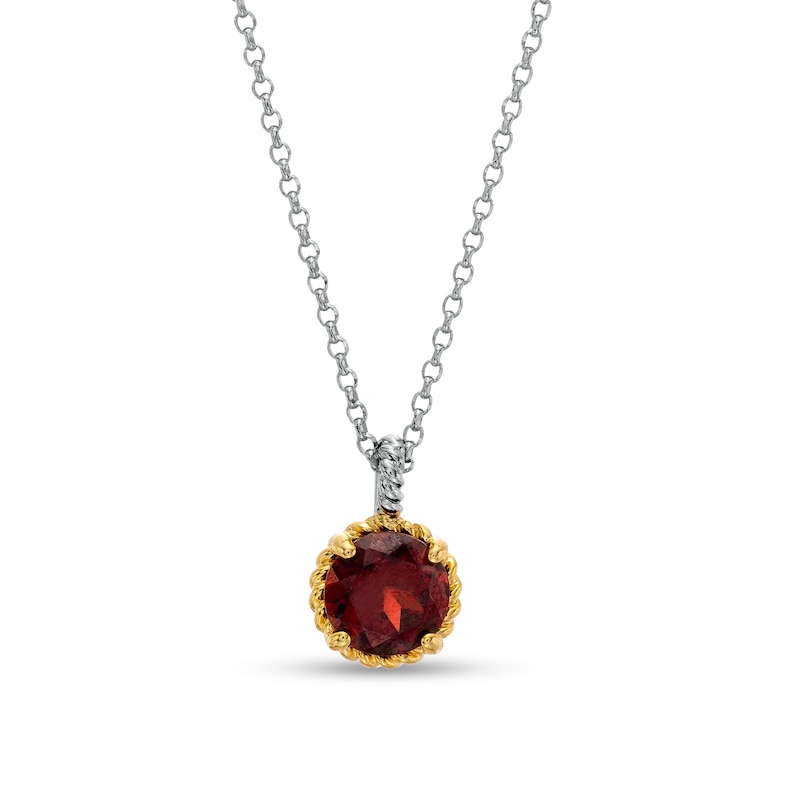 Main Image 1 of 7.0mm Garnet Solitaire Rope-Textured Frame and Drop Pendant in Sterling Silver and 10K Gold