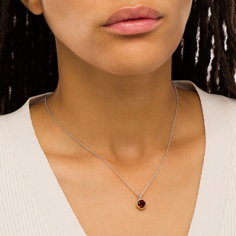 7.0mm Garnet Solitaire Rope-Textured Frame and Drop Pendant in Sterling Silver and 10K Gold