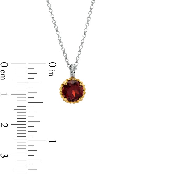 7.0mm Garnet Solitaire Rope-Textured Frame and Drop Pendant in Sterling Silver and 10K Gold