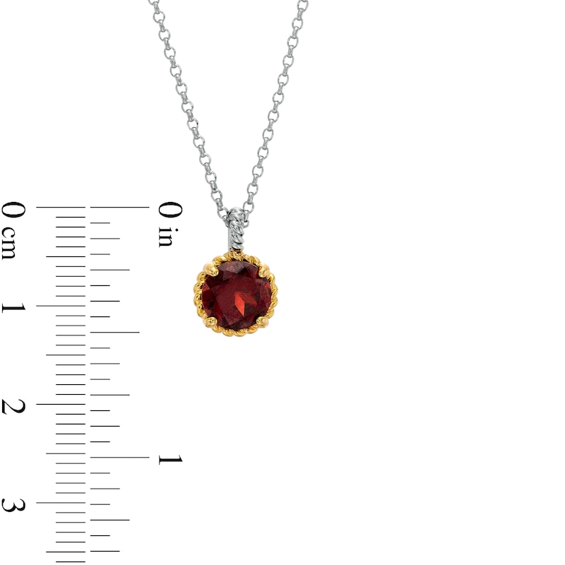 7.0mm Garnet Solitaire Rope-Textured Frame and Drop Pendant in Sterling Silver and 10K Gold