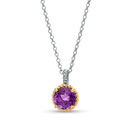 7.0mm Amethyst Solitaire Rope-Textured Frame and Drop Pendant in Sterling Silver and 10K Gold