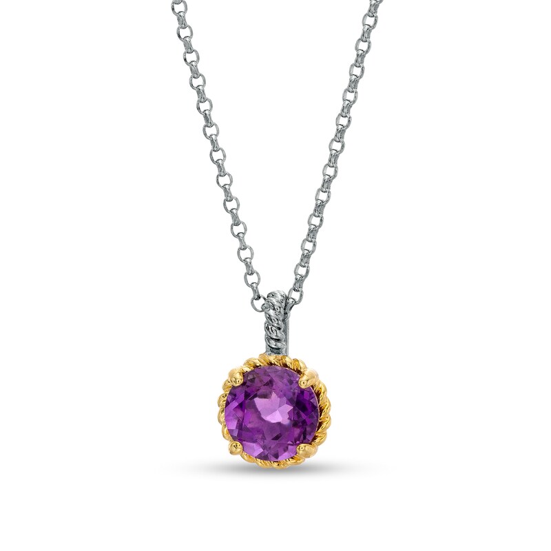 7.0mm Amethyst Solitaire Rope-Textured Frame and Drop Pendant in Sterling Silver and 10K Gold