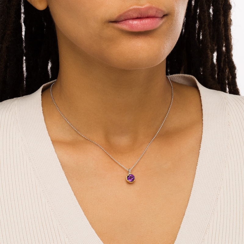 7.0mm Amethyst Solitaire Rope-Textured Frame and Drop Pendant in Sterling Silver and 10K Gold