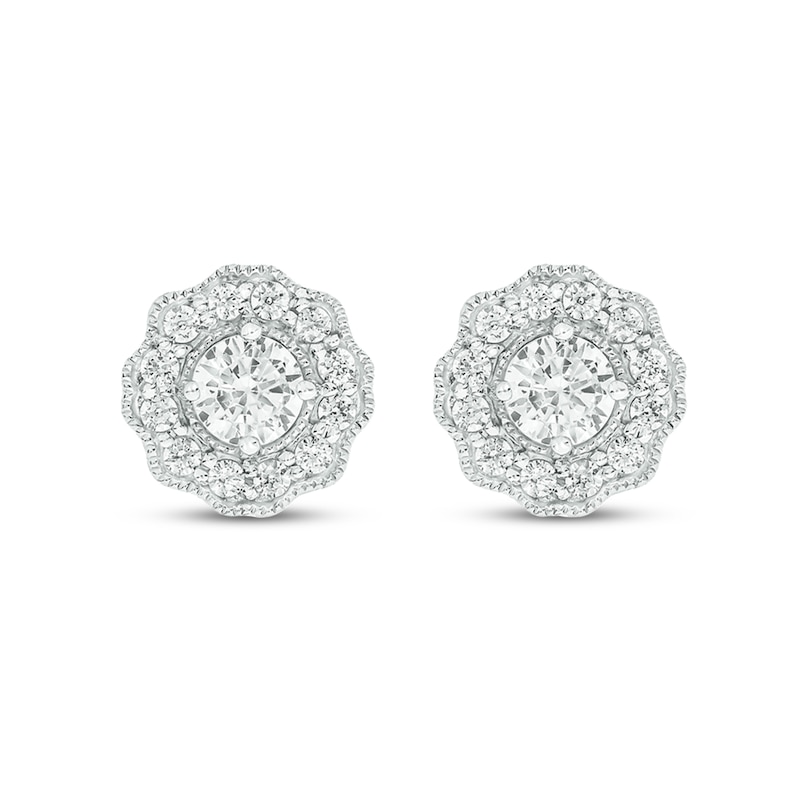 3/4 CT. T.W. Diamond Frame Vintage-Style Scallop Edge Stud Earrings in 10K White Gold (I/I2)