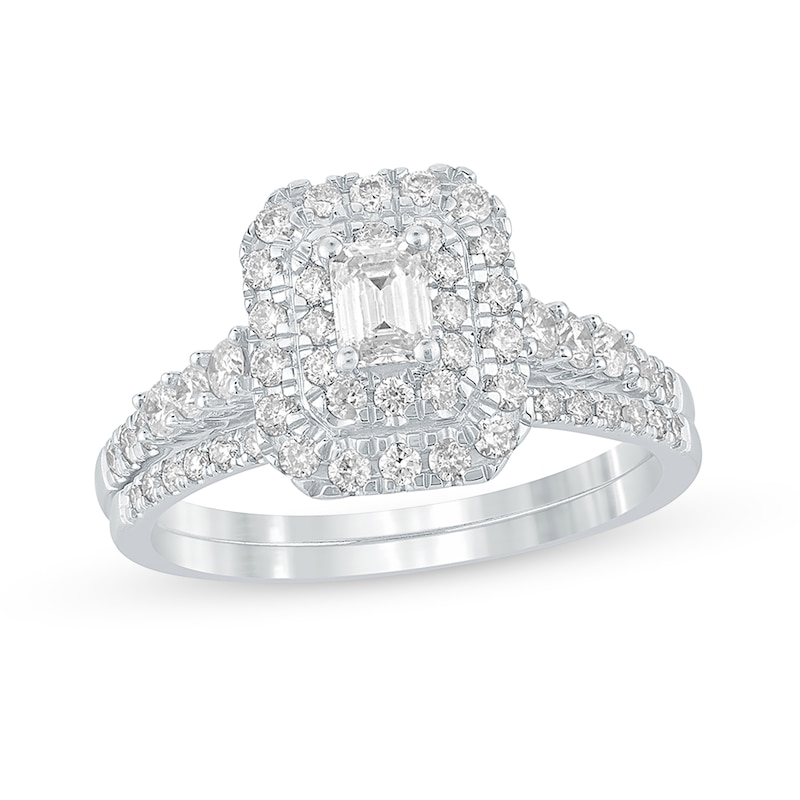 Main Image 1 of 1 CT. T.W. Emerald-Cut Diamond Frame Bridal Set in 10K White Gold