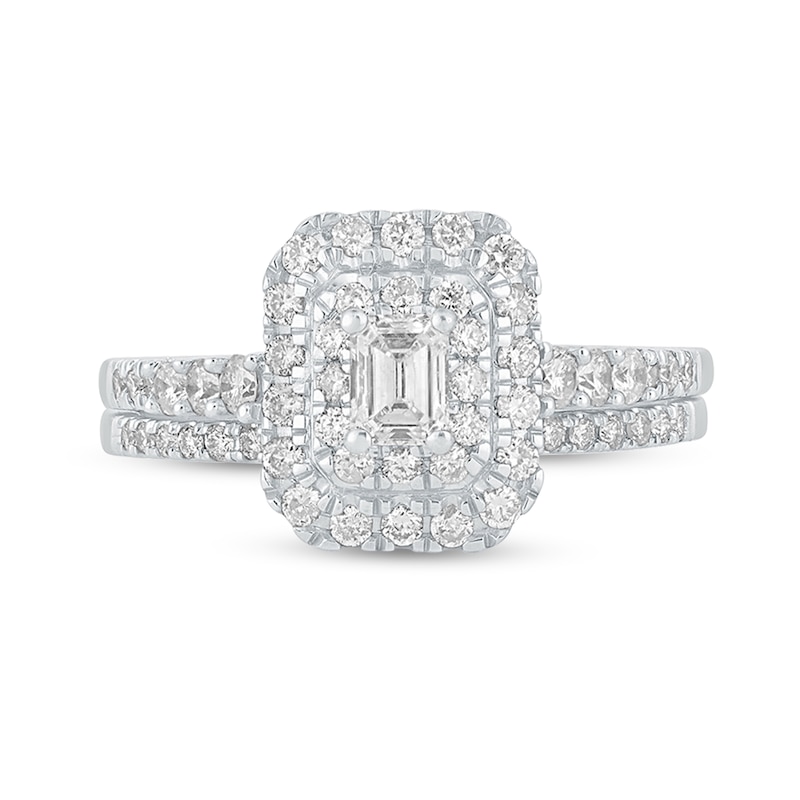 Main Image 4 of 1 CT. T.W. Emerald-Cut Diamond Frame Bridal Set in 10K White Gold